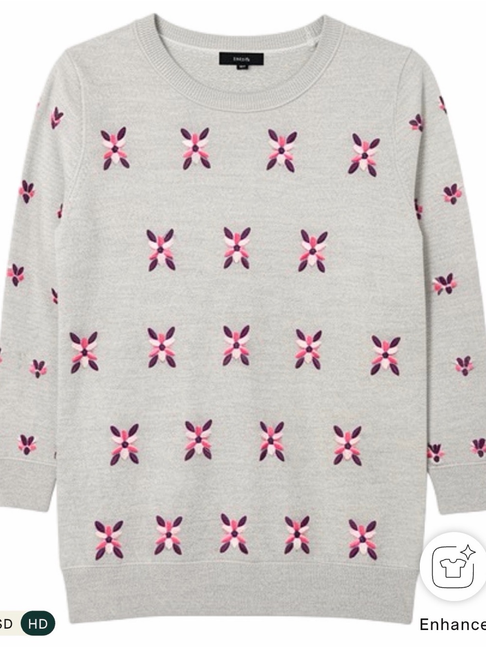 J. Crew Light Gray Knit Sweater with Pink & Plum Floral Embroidery